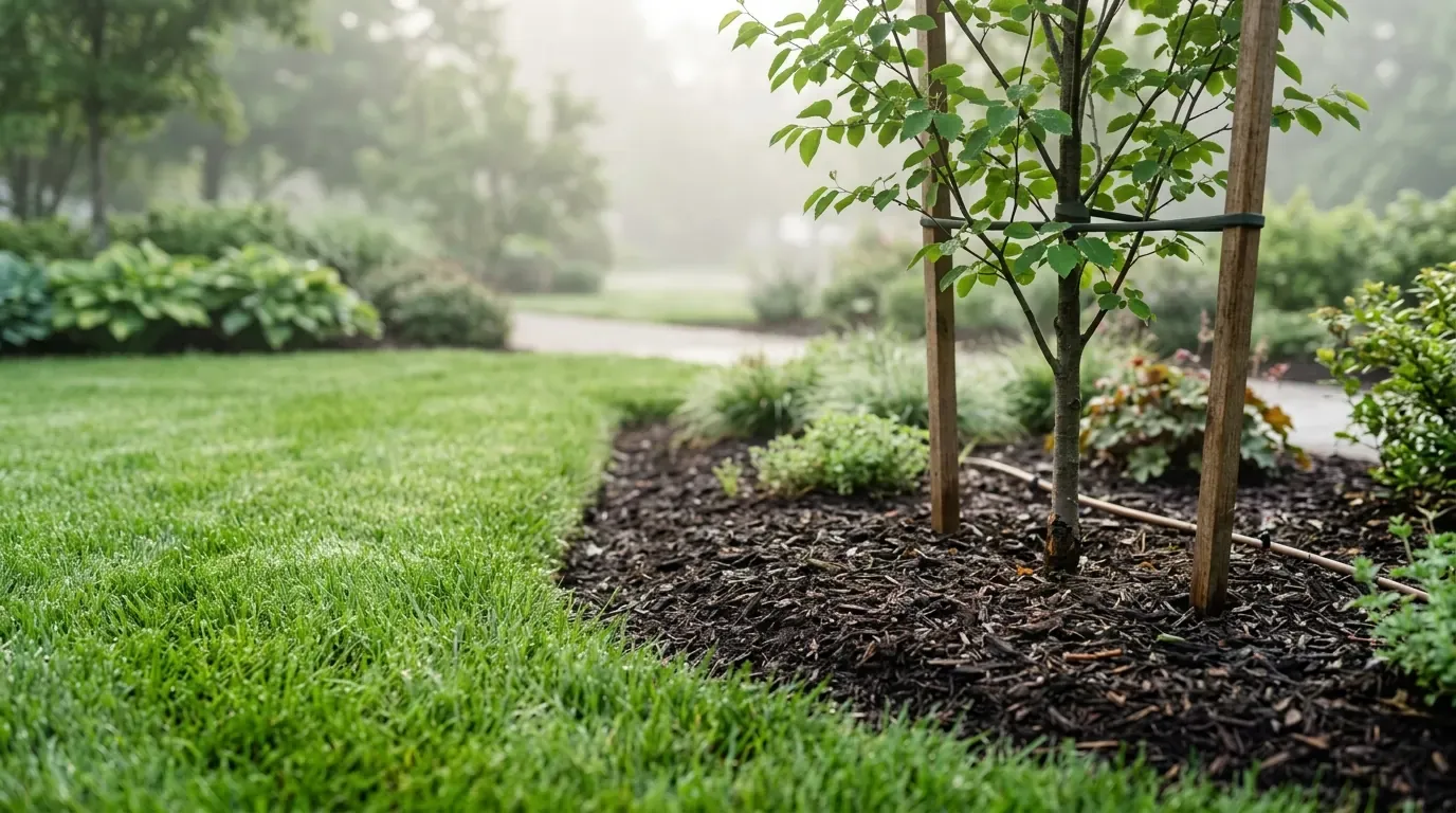 A young staked ornamental tree in a freshly mulched bed meeting healthy green turf on an established commercial landscape, with soft morning mist and light