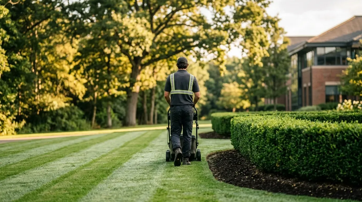 A grounds crew shaping crisp mowing stripes beside a clipped boxwood hedge and clean mulch edge on a managed commercial landscape in warm morning light