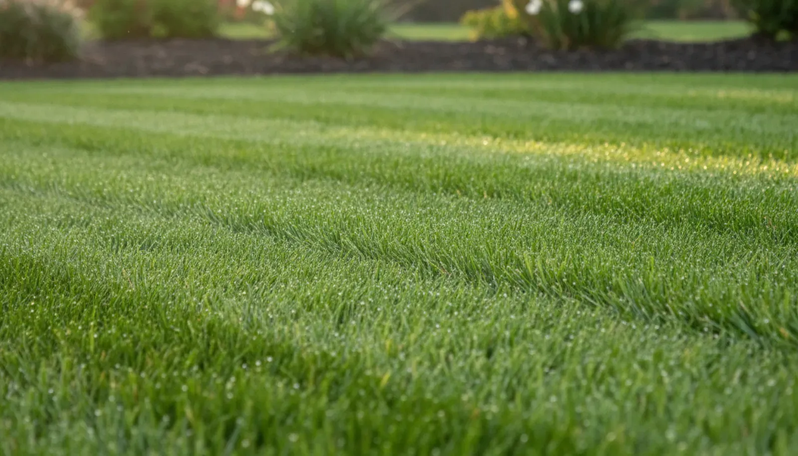 Dense, uniformly green warm-season turf grass with dew-covered blades catching soft morning light on a well-managed commercial lawn