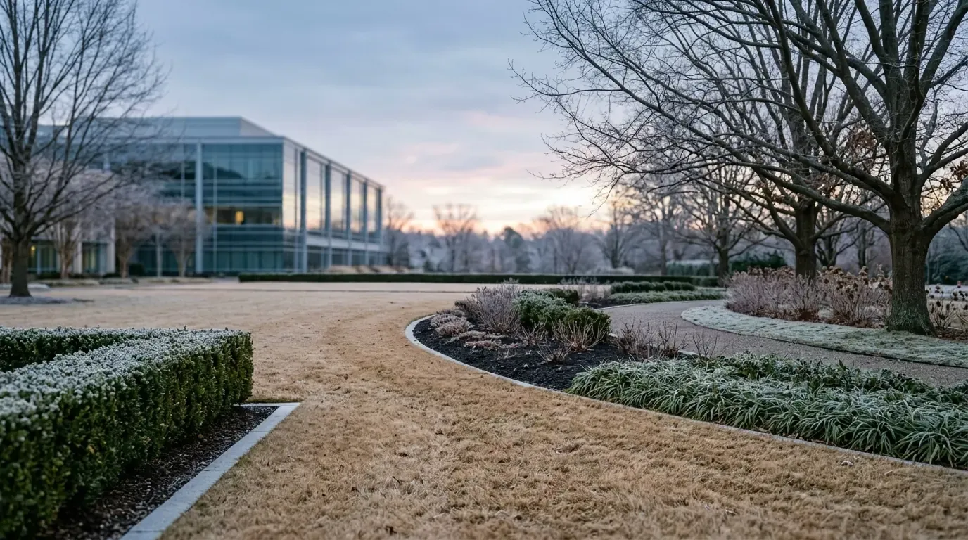 A dormant winter commercial landscape with bare deciduous trees, clean bed lines, and evergreen structure